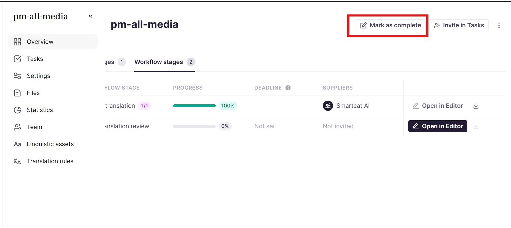 A project overview page with the Mark as complete button highlighted in the page header